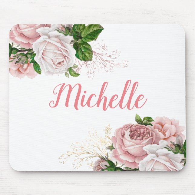 Elegant Blush Pink Floral White Mouse Pad (Front)
