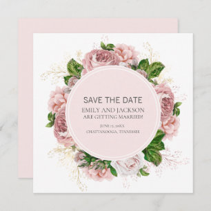 Elegant Blush Pink Floral White Wedding Save Date Invitation
