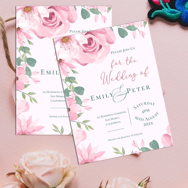  Elegant Blush Pink Florals Wedding Invitation  Postcard (Elegant Blush Pink Florals Wedding Invitation Postcard)