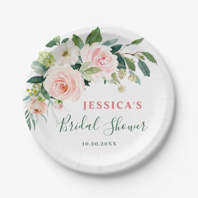 Elegant Blush Pink Flowers Boho Bridal Shower Paper Plate (Front)