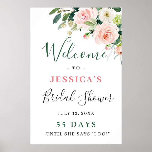 Elegant Blush Pink Flowers Boho Bridal Shower Poster (Front)