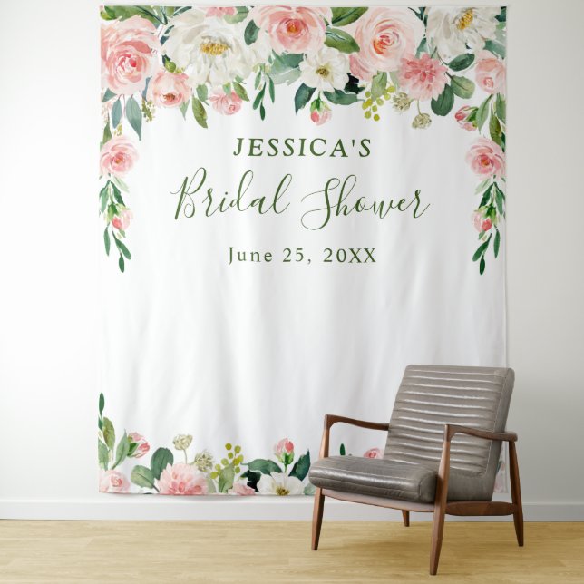 Elegant Blush Pink Flowers Bridal Shower Backdrop Tapestry (In Situ)