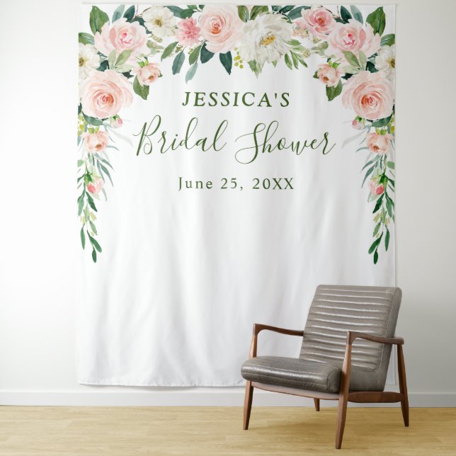 Elegant Blush Pink Flowers Bridal Shower Backdrop Tapestry (In Situ)