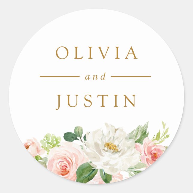 Elegant blush pink flowers classic round sticker (Front)