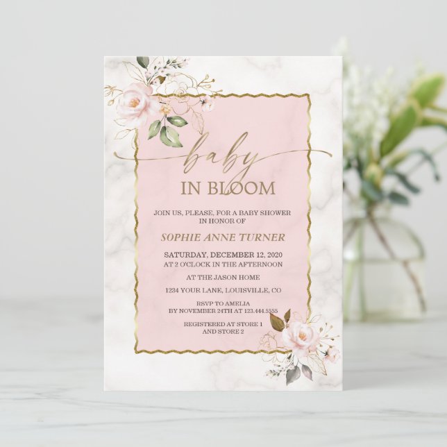 Elegant Blush Pink Flowers Gold Baby in Bloom  Invitation (Standing Front)