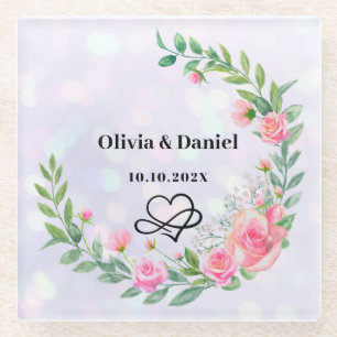 Elegant Blush Pink Flowers Thank You Wedding Glass Coaster