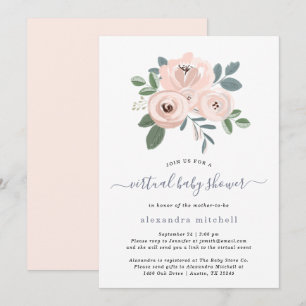 Elegant Blush Pink Flowers Virtual Baby Shower Invitation