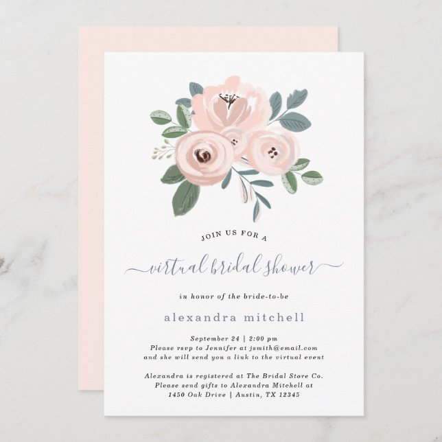 Elegant Blush Pink Flowers | Virtual Bridal Shower Invitation (Front/Back)