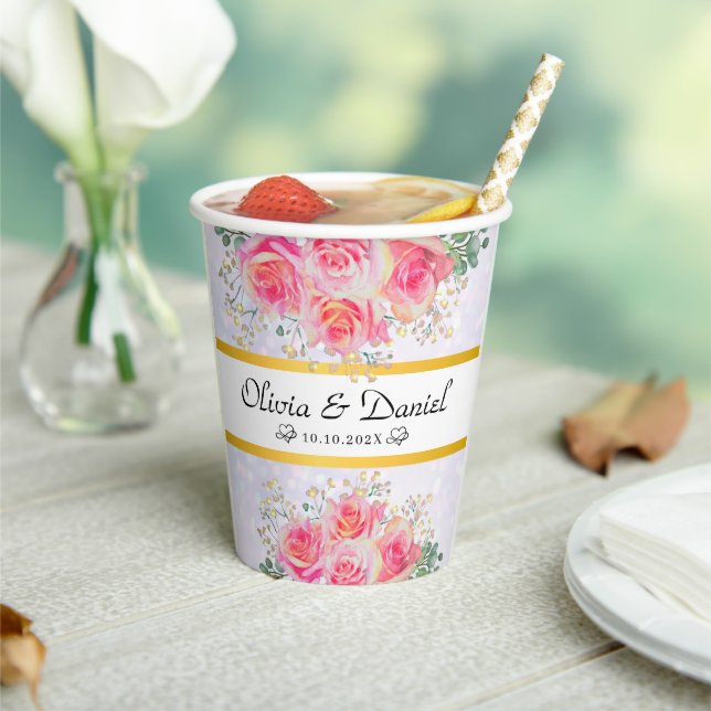Elegant Blush Pink Flowers Watercolor Wedding Paper Cups (Insitu)