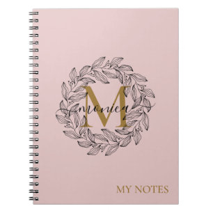 Elegant Blush Pink Girly Floral Gold Monogram Name Notebook