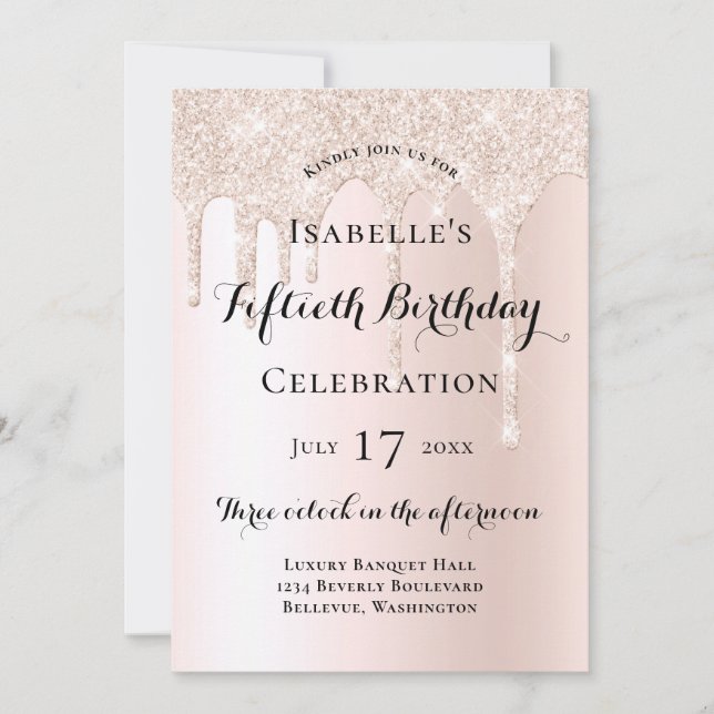 Elegant Blush Pink Glitter Drips 50th Birthday Invitation (Front)