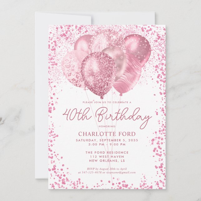 Elegant Blush Pink Glitter Glam Balloon Birthday Invitation (Front)
