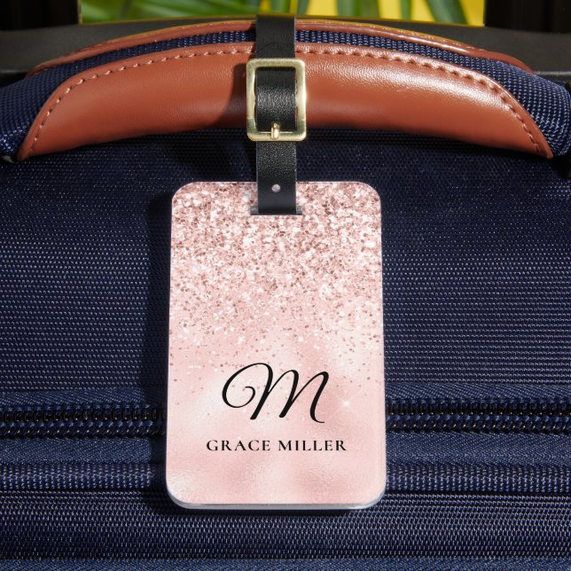 Elegant Blush Pink Glitter Monogram Luggage Tag (Front Insitu 2)