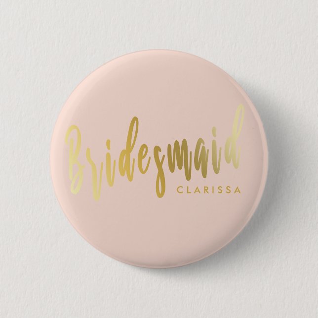 Elegant blush pink & gold bridesmaid 2 inch round button (Front)