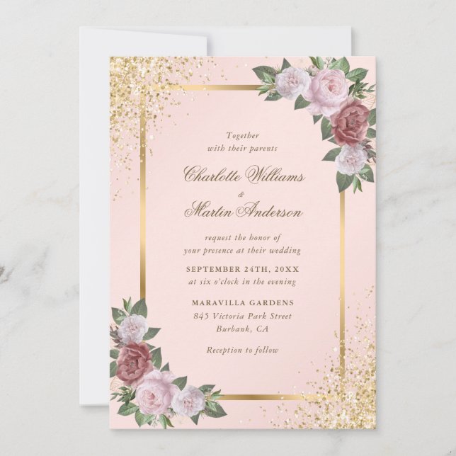 Elegant Blush Pink Gold Confetti Floral Wedding Invitation (Front)
