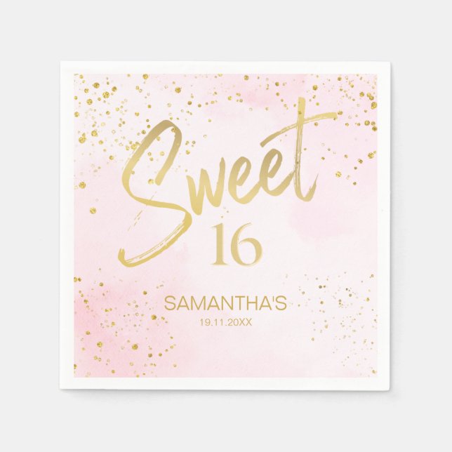 Elegant Blush Pink & Gold Confetti Sweet 16  Napkin (Front)