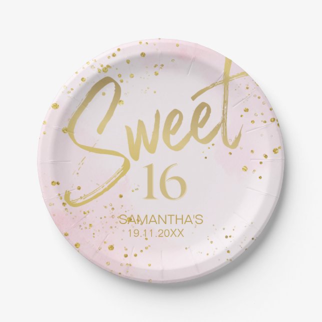 Elegant Blush Pink & Gold Confetti Sweet 16 Paper Plate (Front)