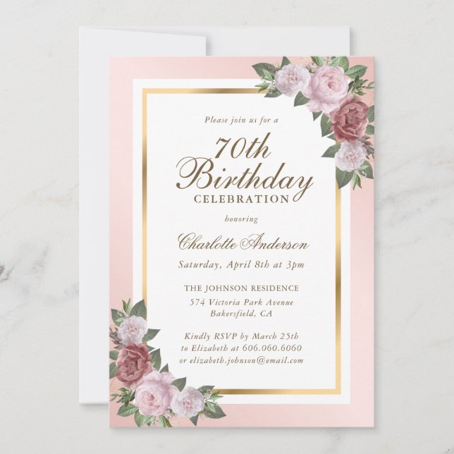 Elegant Blush Pink Gold Floral 70th Birthday Invitation (Front)