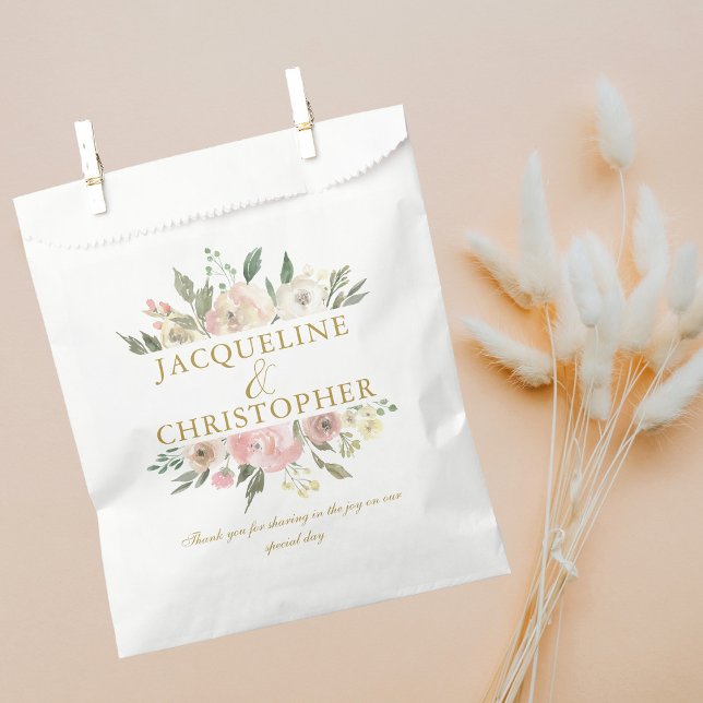 Elegant Blush Pink Gold Floral Custom Wedding Favour Bag (Creator Uploaded)
