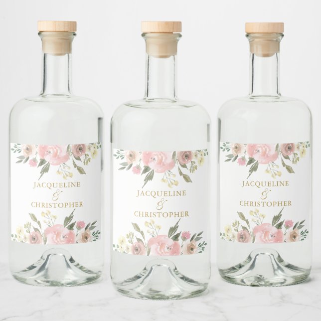 Elegant Blush Pink Gold Floral Custom Wedding Liquor Bottle Label (Bottles)