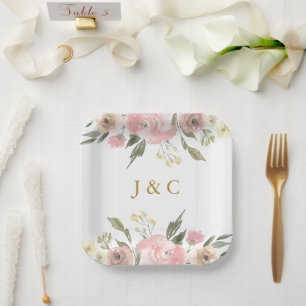 Elegant Blush Pink Gold Floral  Monogram Wedding Paper Plate