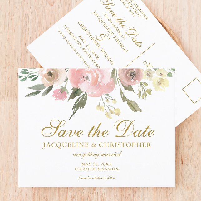 Elegant Blush Pink Gold Floral Save the Date Postcard (Creator Uploaded)