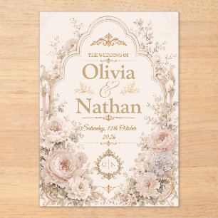 Elegant Blush Pink Gold Floral Vintage Wedding Acrylic Invitations