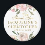 Elegant Blush Pink Gold Floral Wedding Favour Magnet<br><div class="desc">An elegant floral bouquet of watercolor blush pink peonies and ivory roses frame these lovely spring wedding magnets. The botanical sprigs of sage green eucalyptus leaves decorate the border that surrounds the lovely gold cursive script. A beautiful personalized favour for a garden wedding reception during the summer. This collection is...</div>