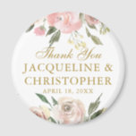 Elegant Blush Pink Gold Floral Wedding Favour Magnet<br><div class="desc">An elegant floral bouquet of watercolor blush pink peonies and ivory roses frame these lovely spring wedding magnets. The botanical sprigs of sage green eucalyptus leaves decorate the border that surrounds the lovely gold cursive script. A beautiful personalized favour for a garden wedding reception during the summer. This collection is...</div>