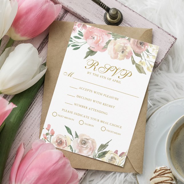 Elegant Blush Pink Gold Floral Wedding Meal Choice RSVP Card (Creator Uploaded)