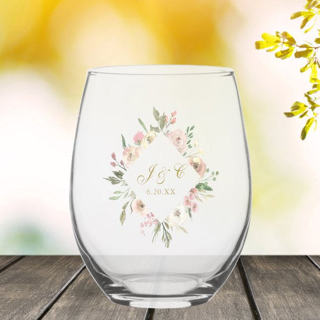 Elegant Blush Pink Gold Floral Wedding Monogram Stemless Wine Glass (Creator Uploaded)