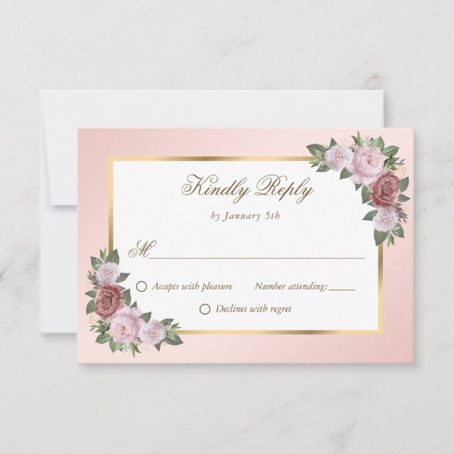 Elegant Blush Pink Gold Floral Wedding RSVP Card (Front)
