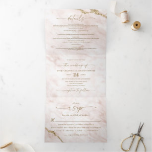 Elegant Blush Pink & Gold Foil Marble Wedding Tri-Fold Invitation