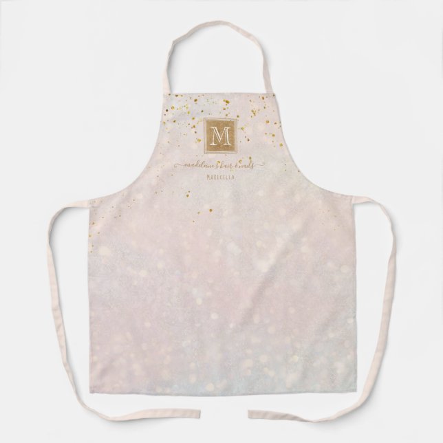Elegant Blush Pink Gold Glitter Monogram Business Apron (Front)