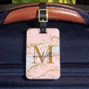 Elegant Blush Pink Gold Glitter Monogram Initial Luggage Tag