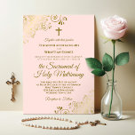 Elegant Blush Pink & Gold Modern Catholic Wedding Invitation<br><div class="desc">This beautiful wedding invitation is perfect for a modern Catholic ceremony. It features a beautiful design with elegant gold script lettering and ornate golden curls and swirls in the corners on a pale blush pink background. Includes a cross or crucifix, and wording inviting your guests to attend a nuptial mass...</div>