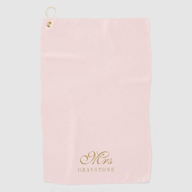 Elegant Blush Pink & Gold Mrs Name Golf Towel (Front)