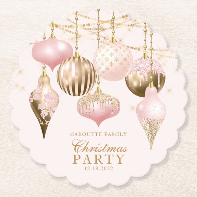 Elegant Blush Pink Gold Ornaments Christmas Party Paper Coaster (Front)