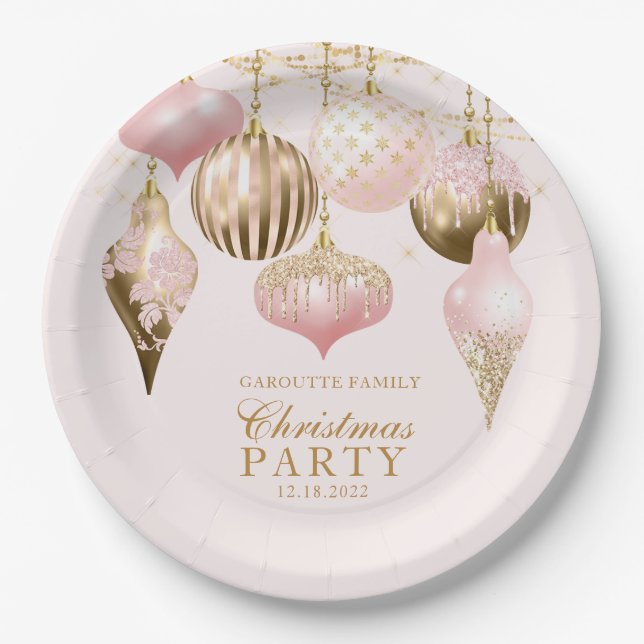 Elegant Blush Pink Gold Ornaments Christmas Party Paper Plate (Front)