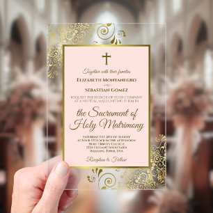 Elegant Blush Pink & Gold Ornate Catholic Wedding Acrylic Invitations