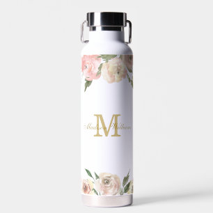 Elegant Blush Pink Gold Peony Floral Personalized Water Bottle