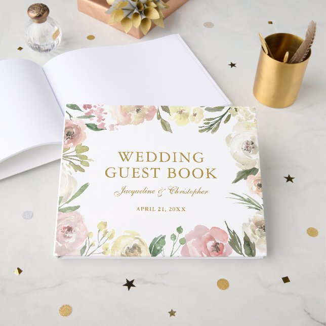 Elegant Blush Pink Gold Peony Floral Wedding Guest Book (Front Open)