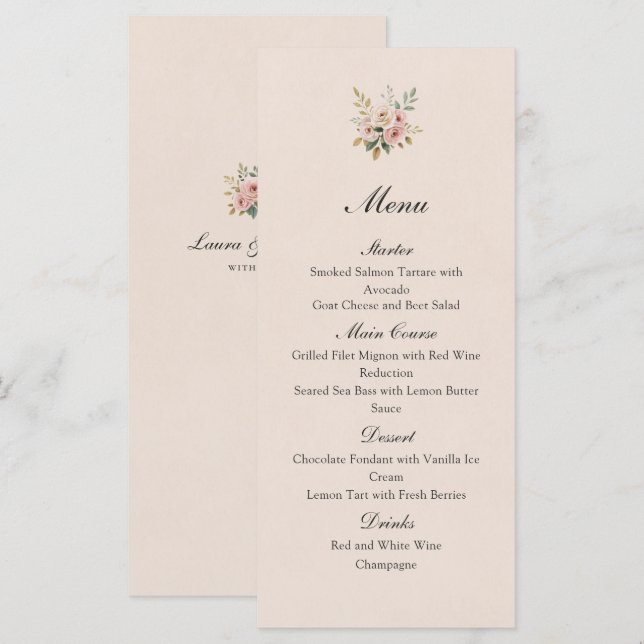 Elegant Blush Pink Gold Roses Wedding Flat Menu (Front/Back)