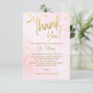 Elegant Blush Pink & Gold Sweet 16 Thank You Card