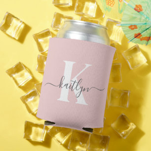 Elegant Blush Pink Gray Script Monogram Can Cooler