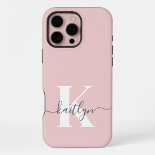 Elegant Blush Pink Gray Script Monogram iPhone 16 Pro Max Case