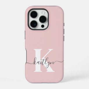 Elegant Blush Pink Gray Script Monogram iPhone 16 Pro Case