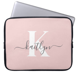 Elegant Blush Pink Gray Script Monogram Laptop Sleeve
