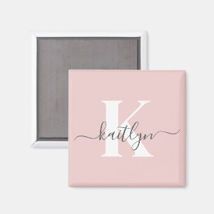 Elegant Blush Pink Gray Script Monogram Magnet