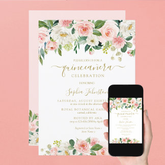 Elegant Blush Pink Green Gold Floral Quinceañera Invitation